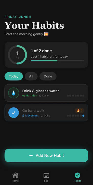 RenueWell habits tracker screen