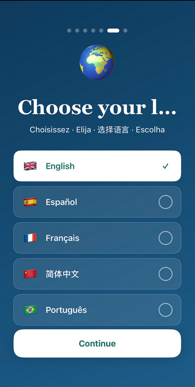 RenueWell language selection screen showing English, Spanish, French, Chinese, and Portuguese options
