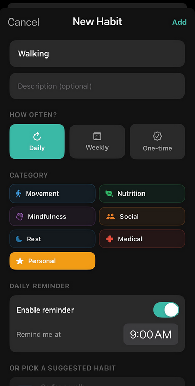 RenueWell new habit creation screen showing categories including movement, nutrition, mindfulness, social, rest, and medical