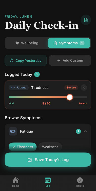 RenueWell symptom tracking screen showing fatigue tiredness logged at severity 8 out of 10